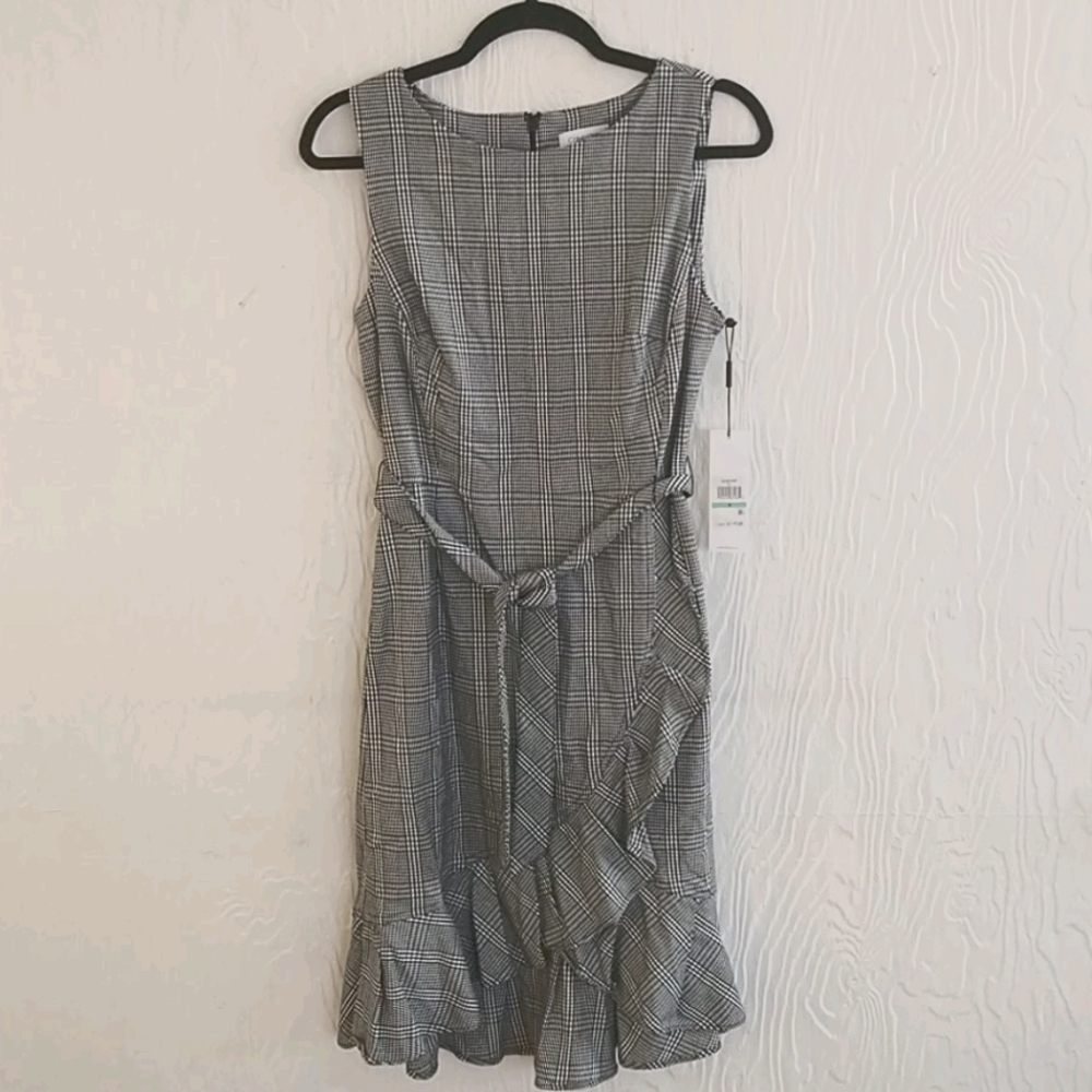 Calvin Klein black white houndstooth ruffle dress